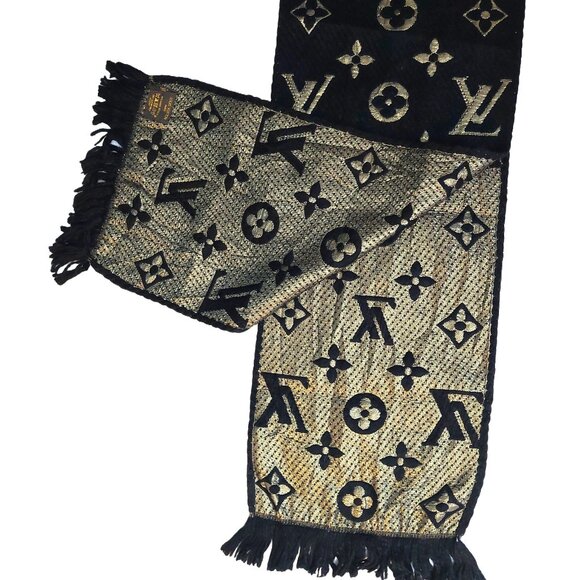LOUIS VUITTON LV Vintage Black & Gold Monogram Scarf Scarves - Picture 5 of 7